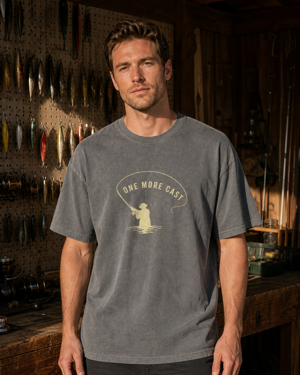 One More Cast Loop washed tee — washed charcoal, worn, front