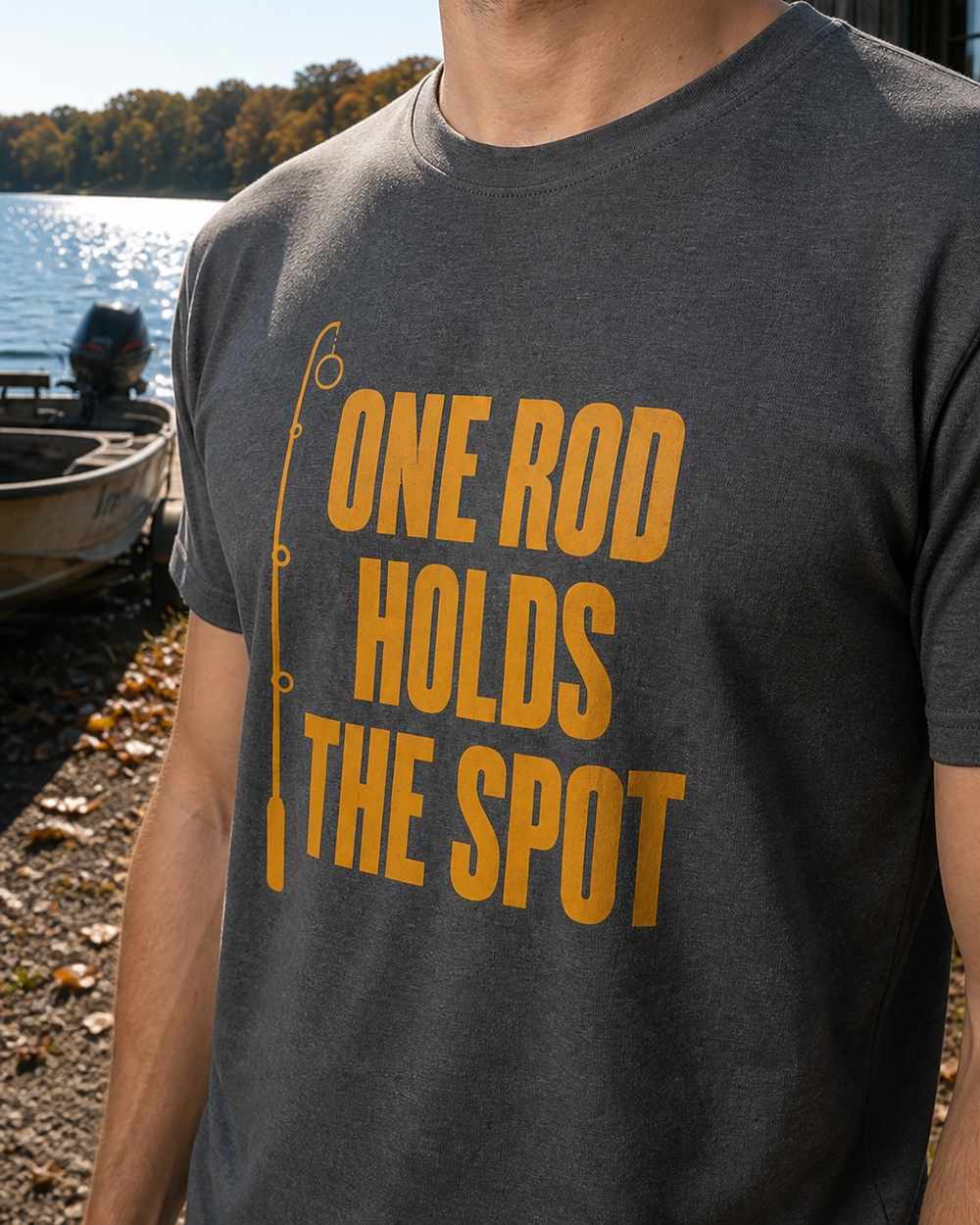 One Rod Holds The Spot tee — dark heather, worn, side