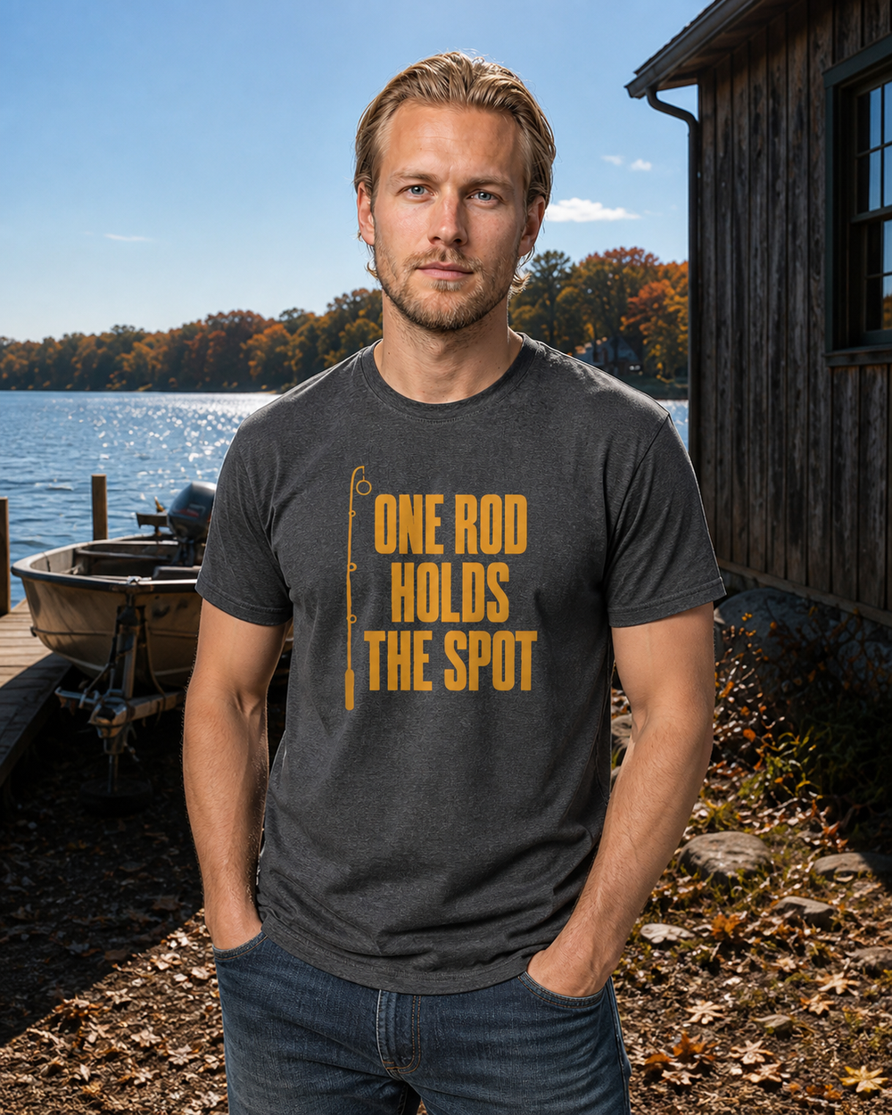 One Rod Holds The Spot tee — dark heather, worn, front