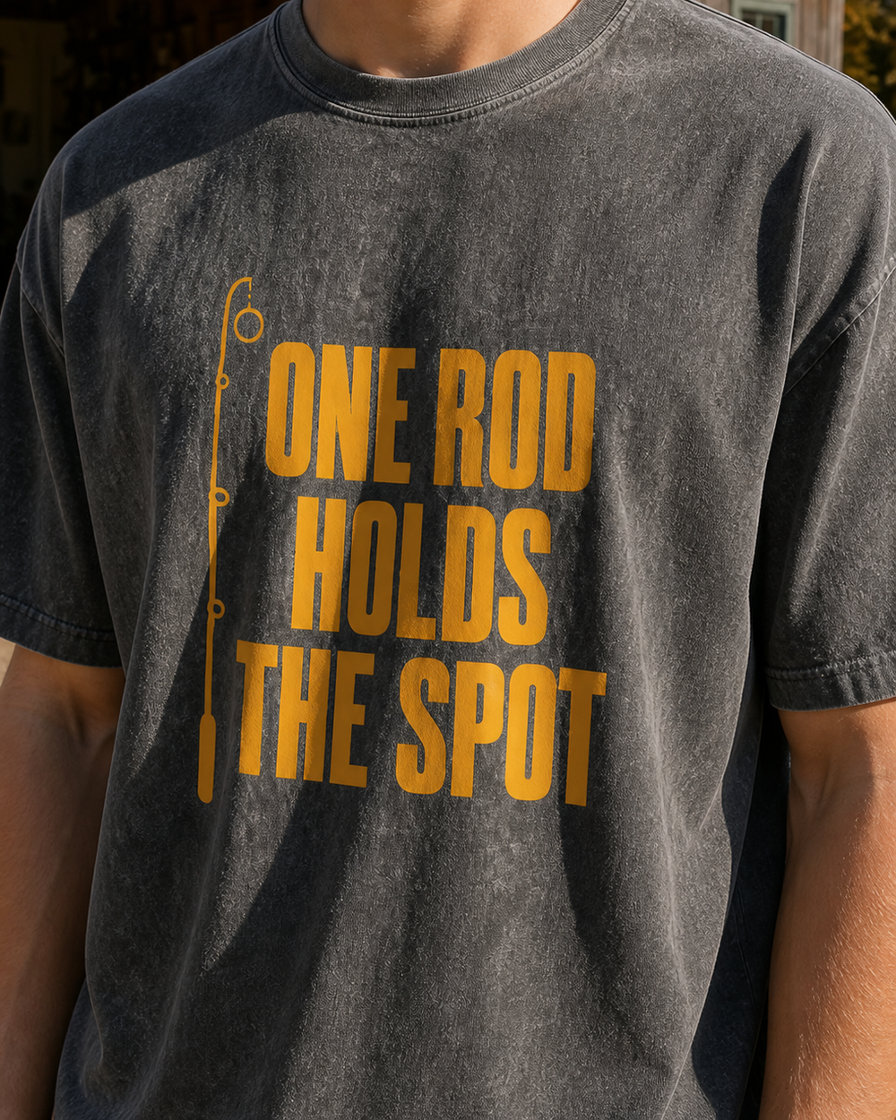 One Rod Holds The Spot washed tee — washed black, worn, side