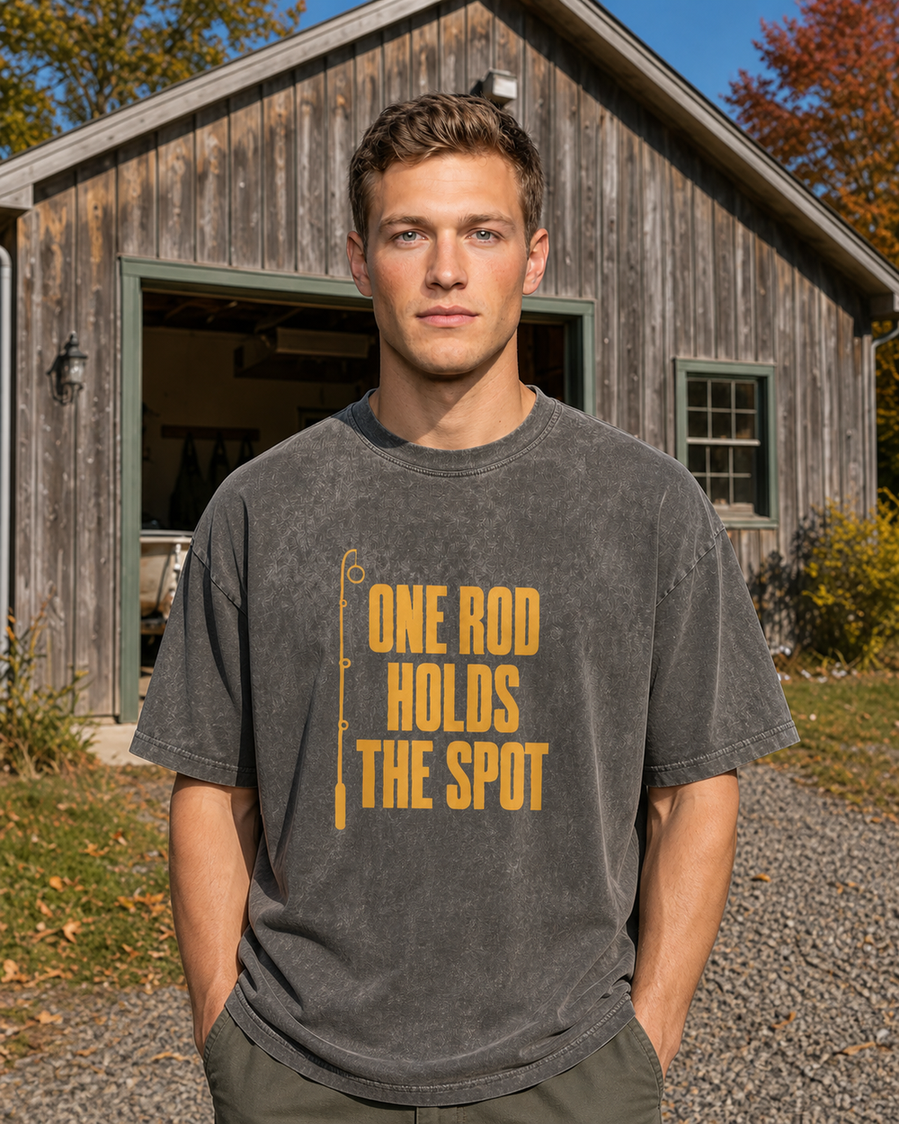 One Rod Holds The Spot washed tee — washed black, worn, front