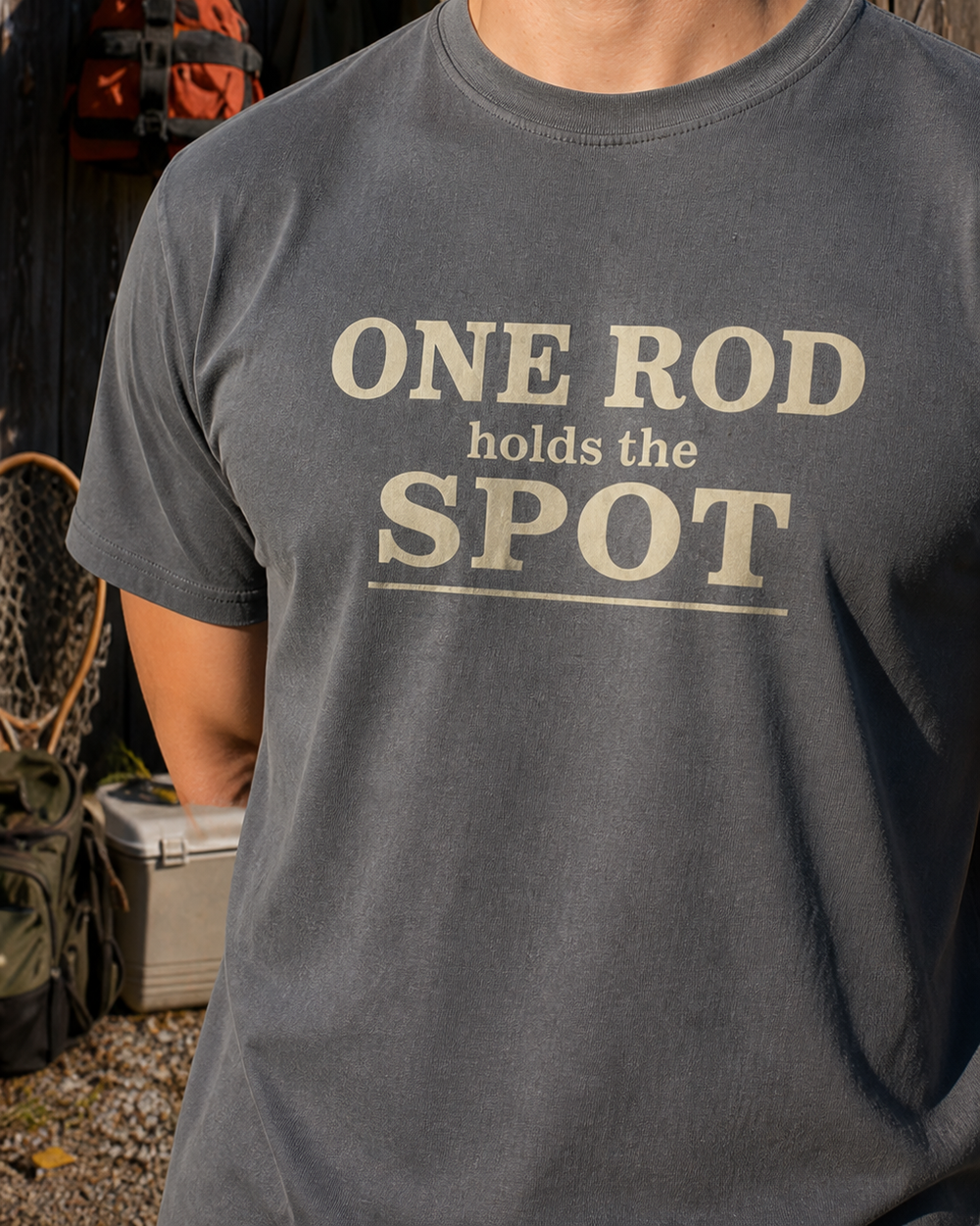 One Rod Holds The Spot Stacked tee — charcoal, worn, side