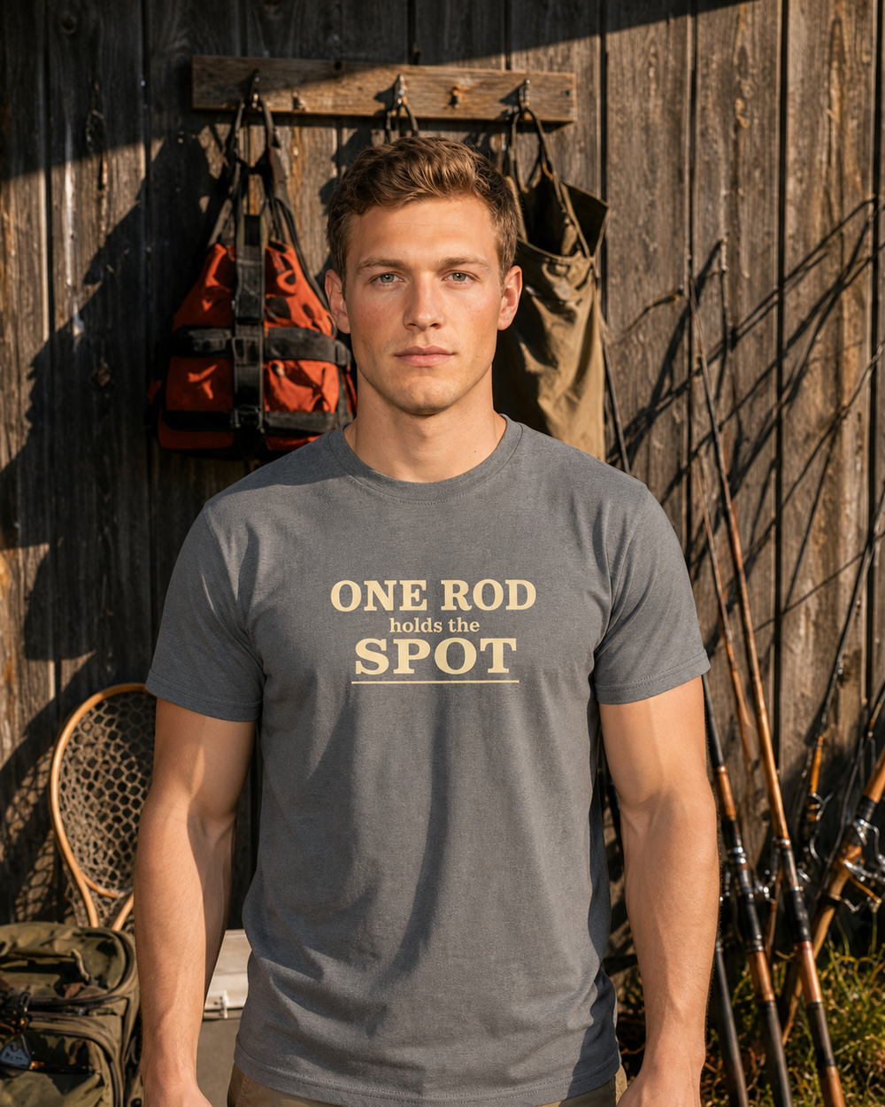 One Rod Holds The Spot Stacked tee — charcoal, worn, front
