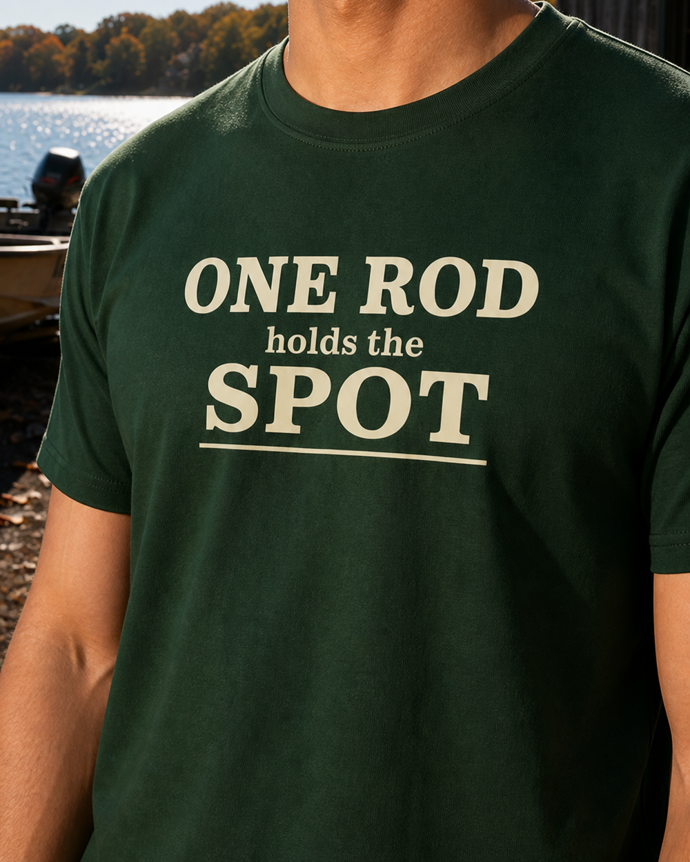 One Rod Holds The Spot Stacked tee — forest, worn, side