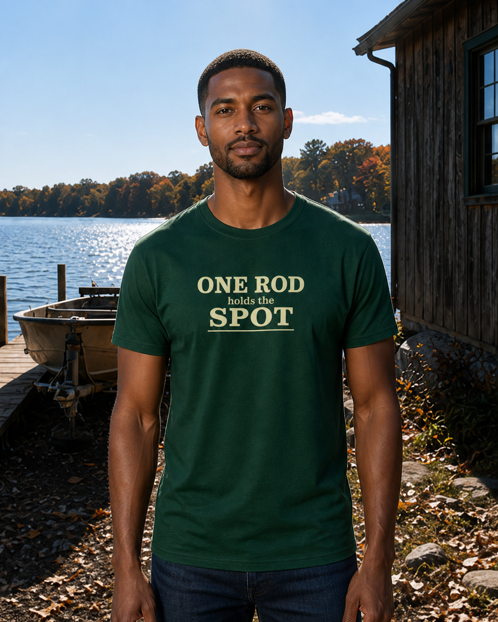One Rod Holds The Spot Stacked tee — forest, worn, front