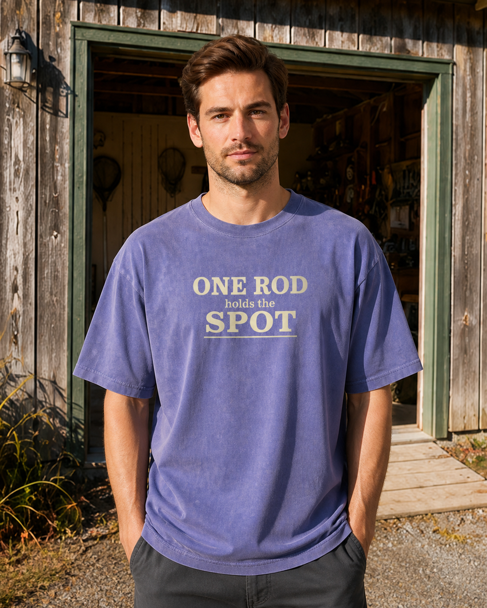 One Rod Holds The Spot Stacked washed tee — washed blue, worn, front