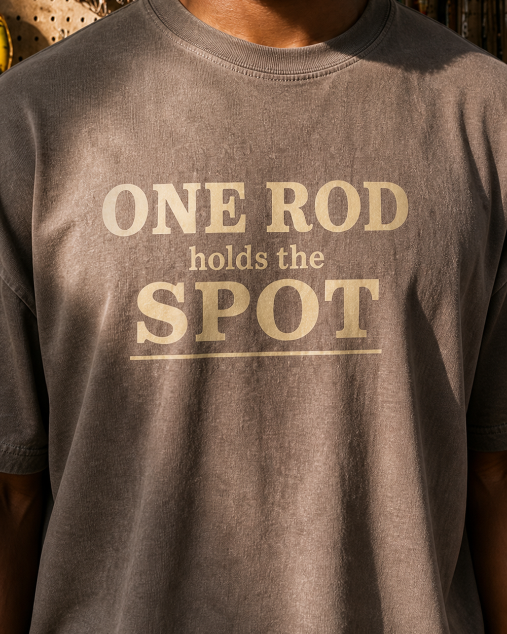 One Rod Holds The Spot Stacked washed tee — washed coffee, worn, side