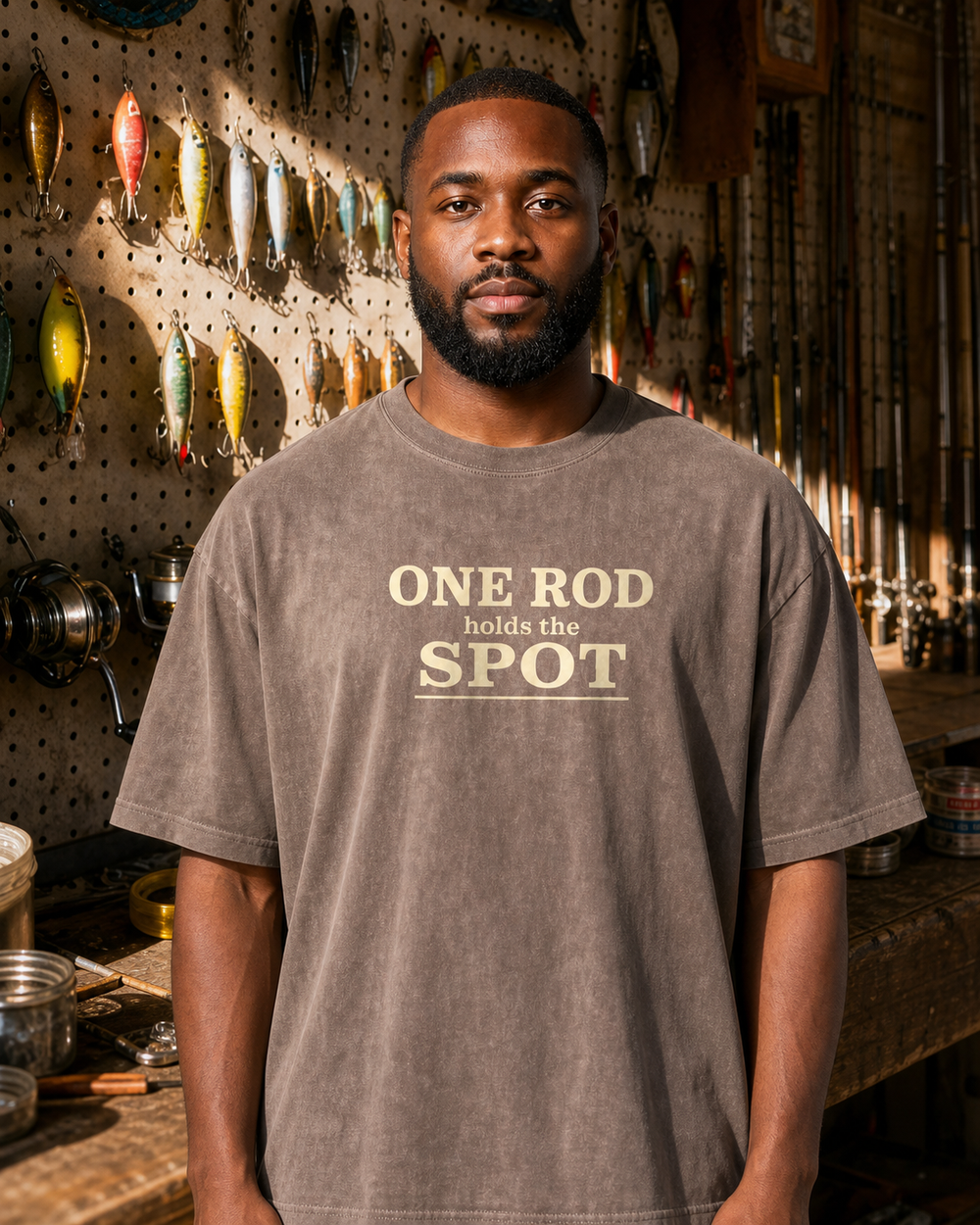 One Rod Holds The Spot Stacked washed tee — washed coffee, worn, front