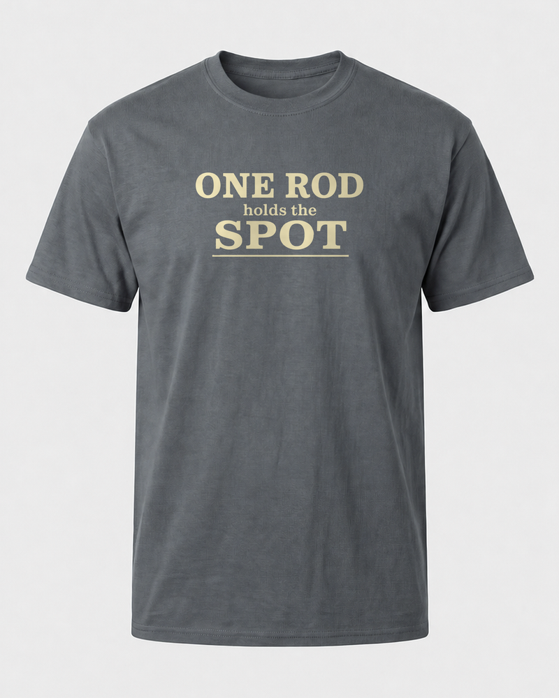 One Rod Holds The Spot Stacked tee — charcoal, front