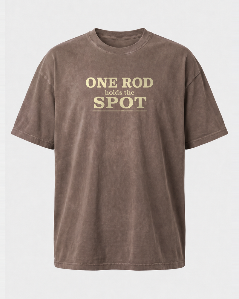 One Rod Holds The Spot Stacked washed tee — washed coffee, front