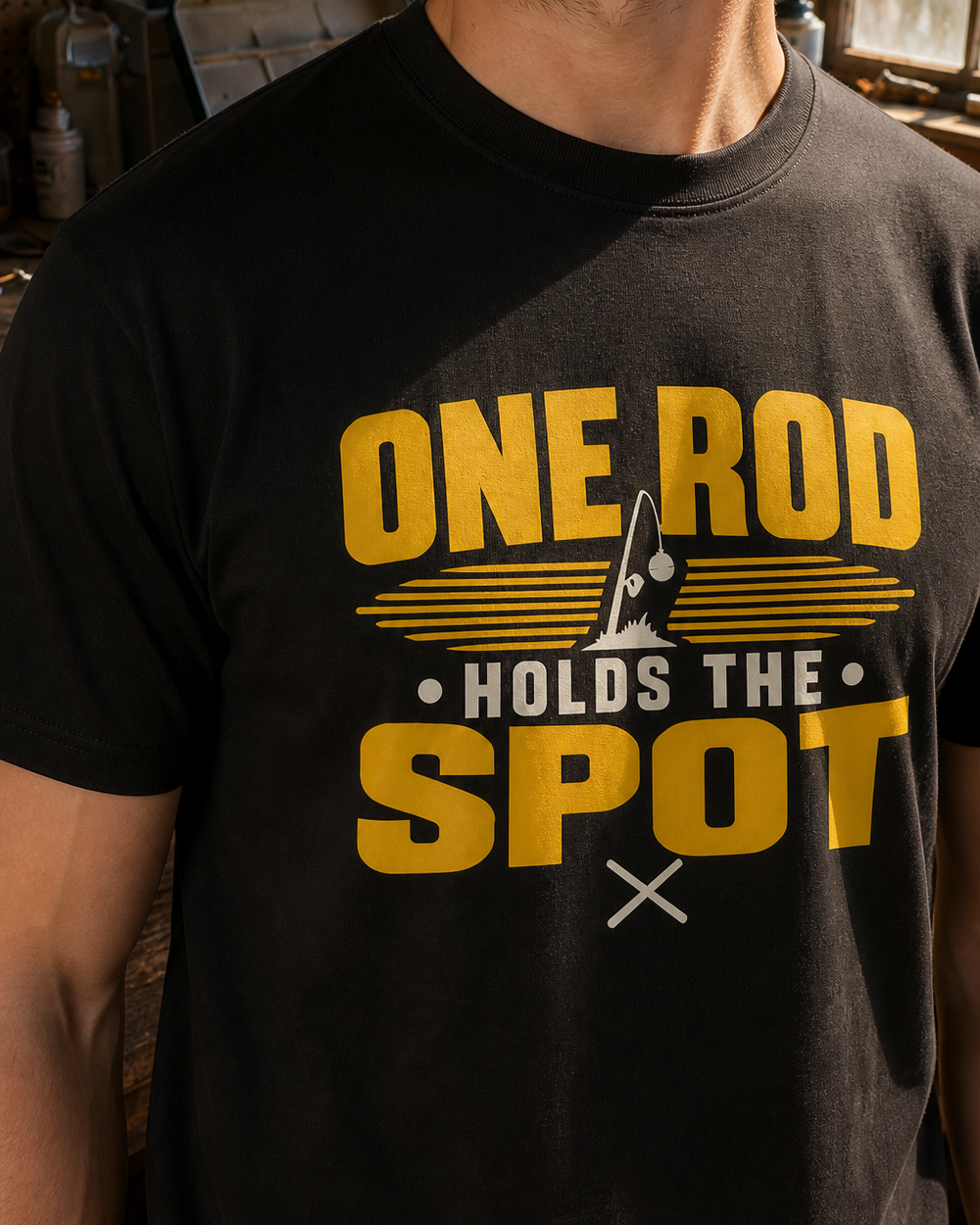 One Rod Holds The Spot Two Tone tee — black, worn, side