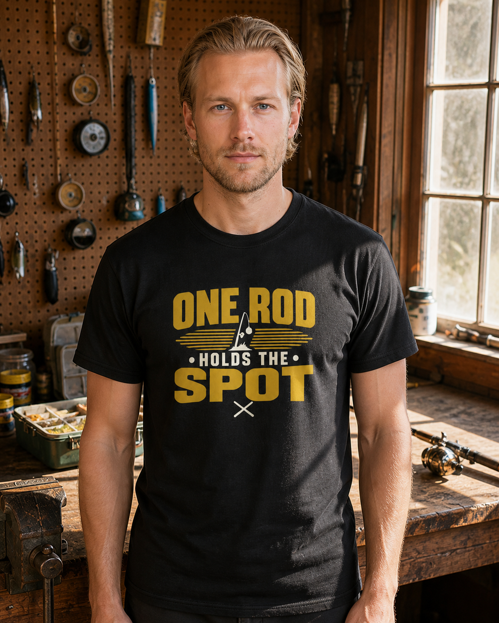 One Rod Holds The Spot Two Tone tee — black, worn, front