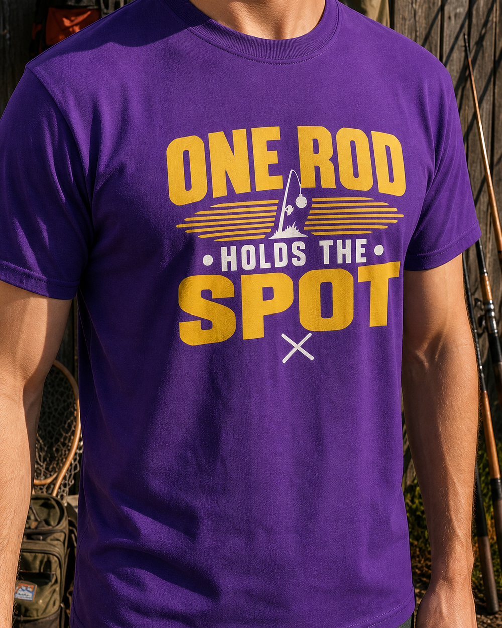 One Rod Holds The Spot Two Tone tee — purple, worn, side