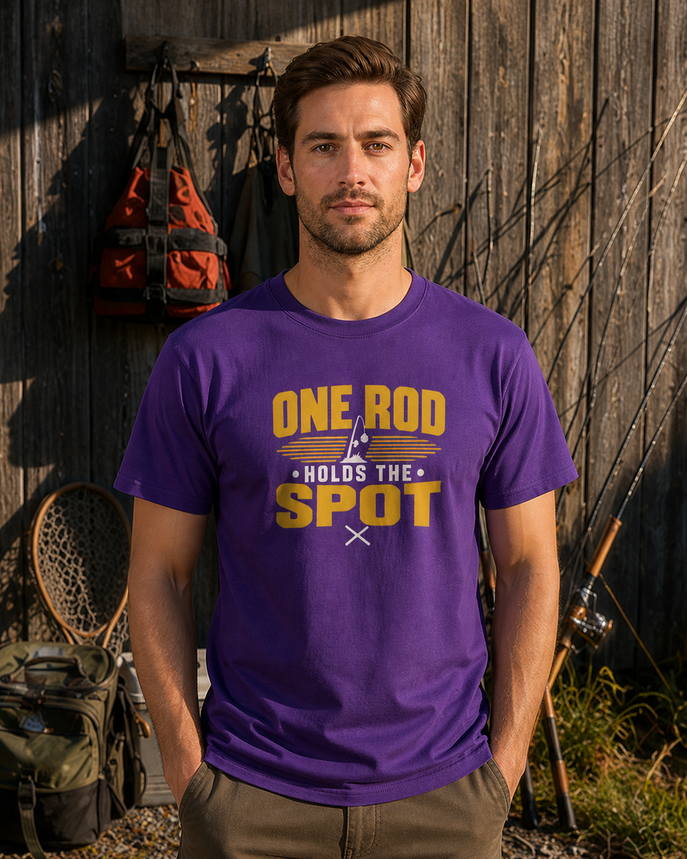 One Rod Holds The Spot Two Tone tee — purple, worn, front