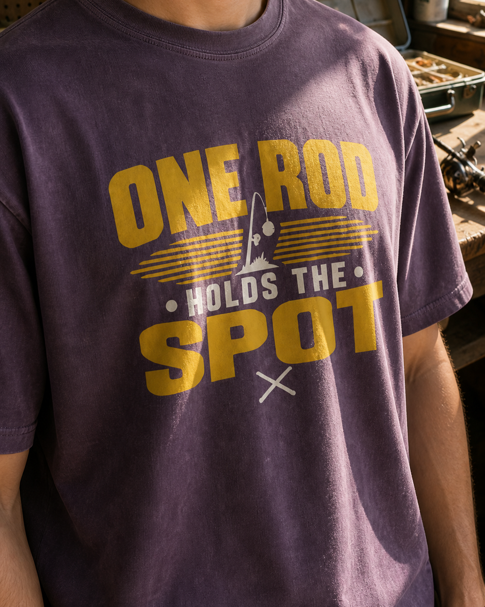 One Rod Holds The Spot Two Tone washed tee — washed violet, worn, side