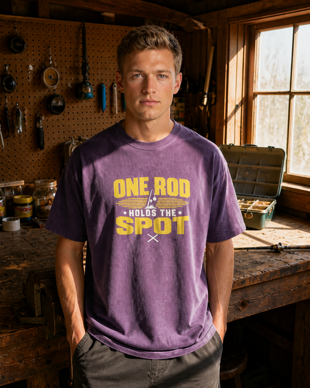 One Rod Holds The Spot Two Tone washed tee — washed violet, worn, front