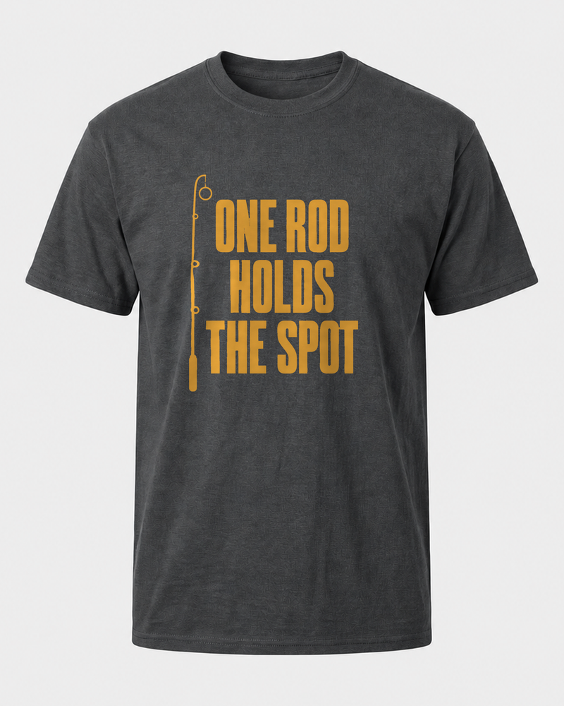 One Rod Holds The Spot tee — dark heather, front