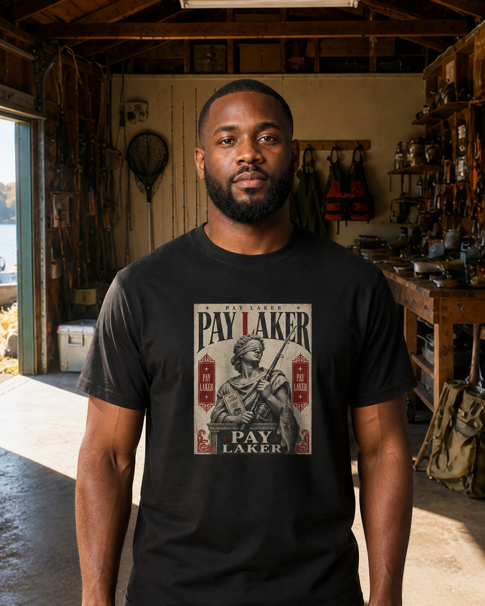Pay Laker tee — black, worn, front