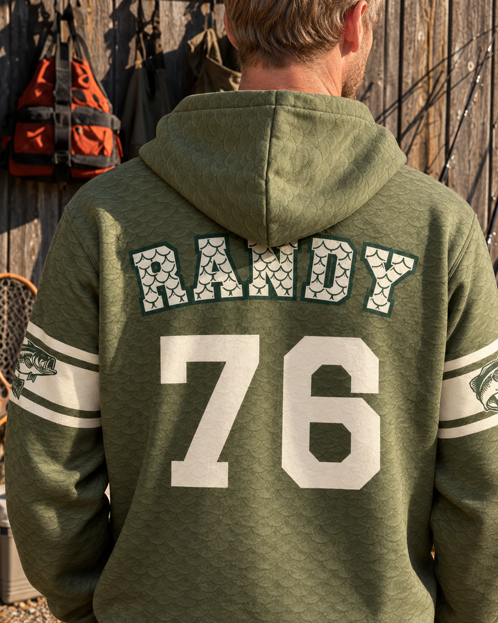 Personalized Angler Jersey All-Over Print Hoodie — model back angle