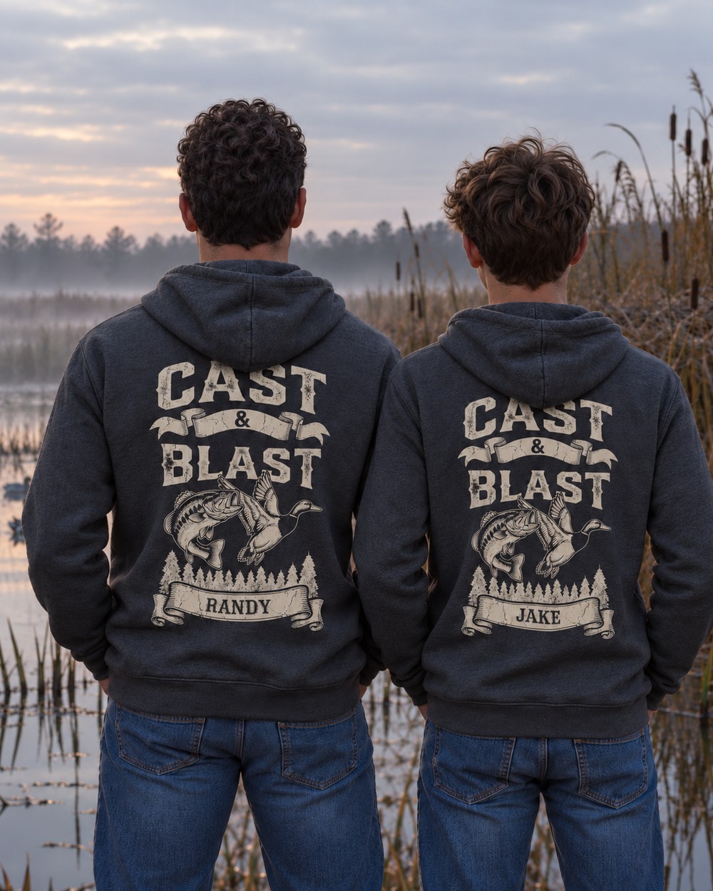 Personalized Cast & Blast All-Over Print Hoodie — two people, back