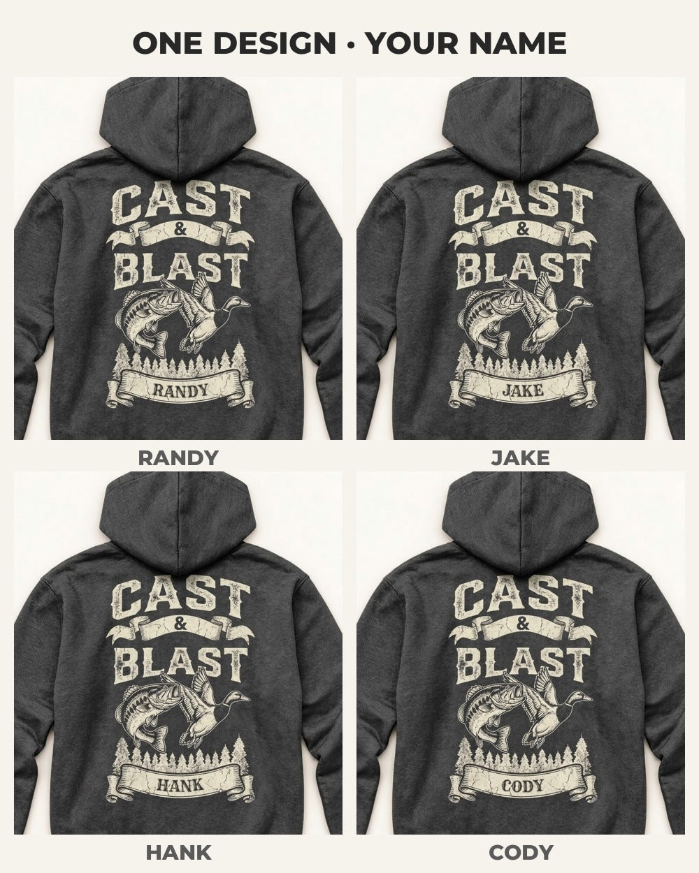 Personalized Cast & Blast All-Over Print Hoodie — four versions