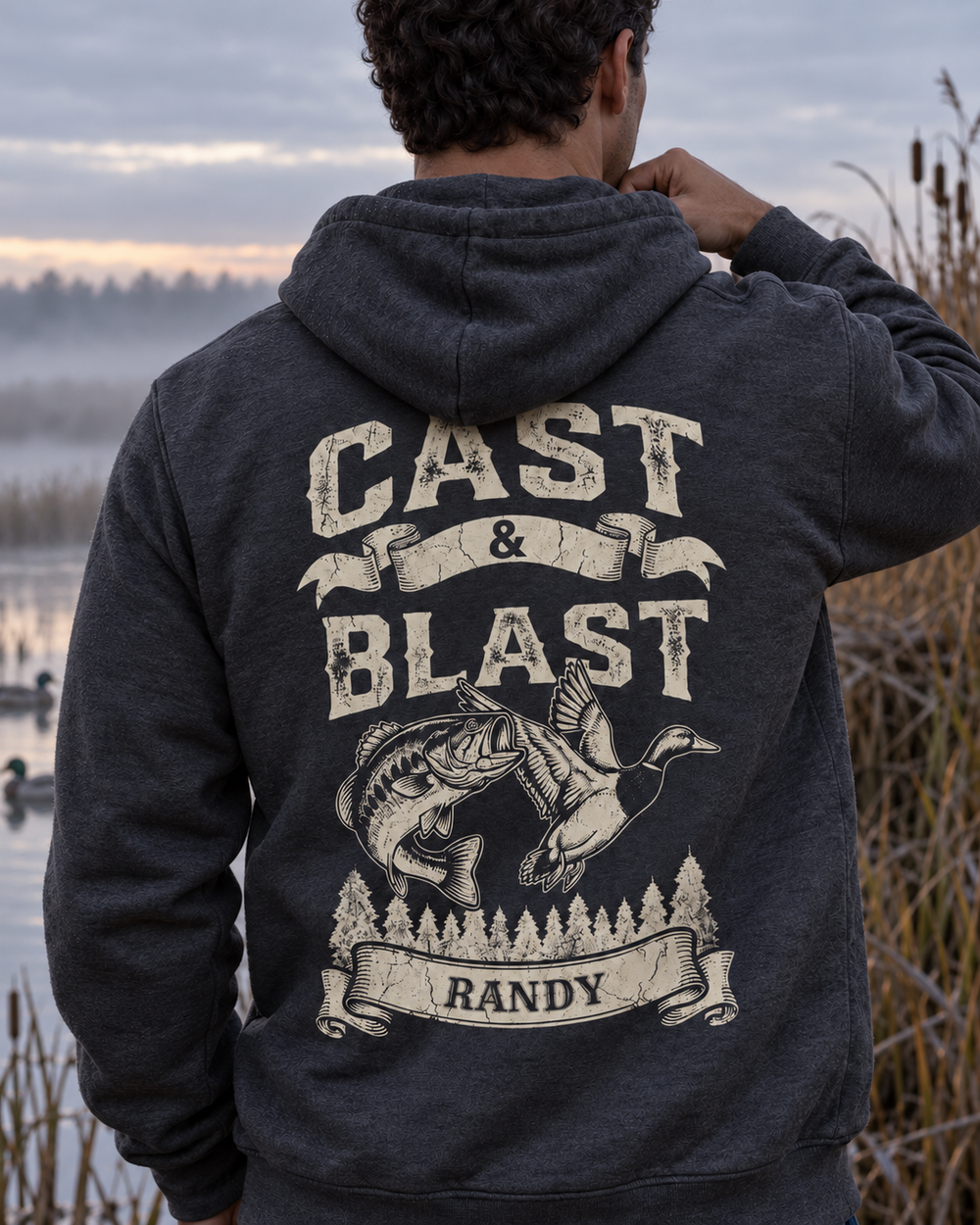 Personalized Cast & Blast All-Over Print Hoodie — model back angle