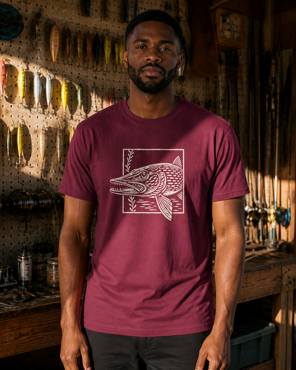 Pike Breaking Frame tee — maroon, worn, front