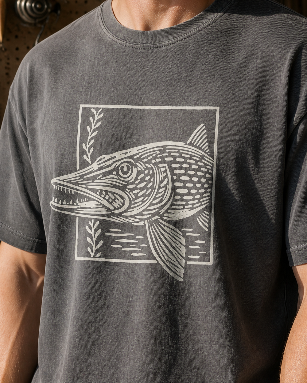 Pike Breaking Frame washed tee — washed charcoal, worn, side