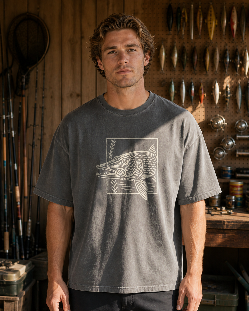 Pike Breaking Frame washed tee — washed charcoal, worn, front