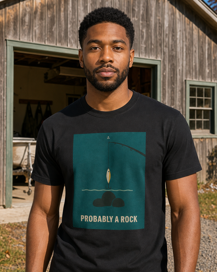 Probably A Rock tee — black, worn, front