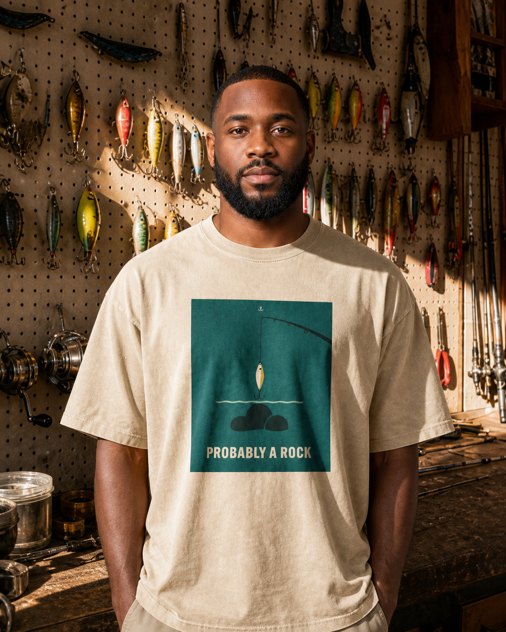 Probably A Rock washed tee — washed bone, worn, front