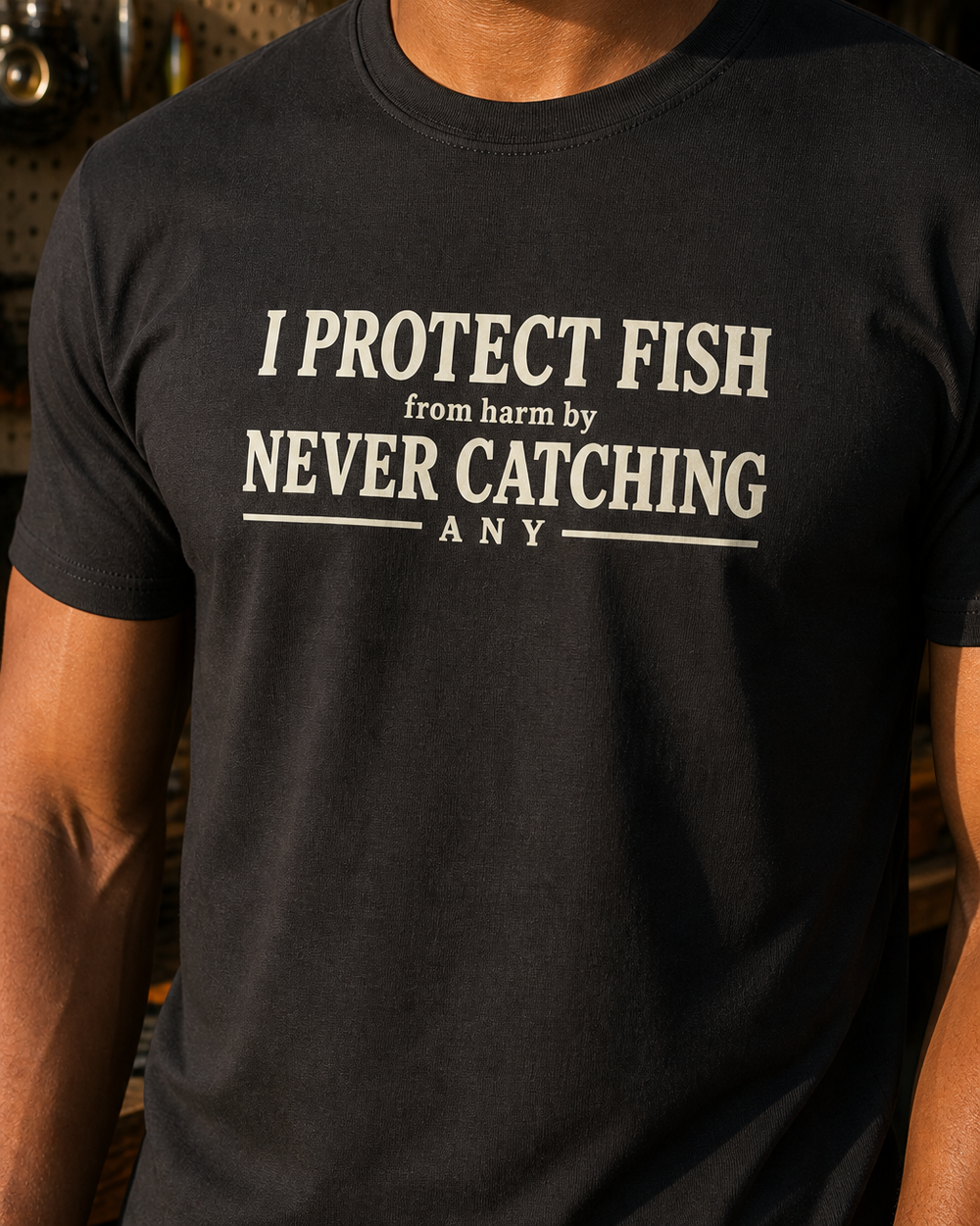 Protect Fish tee — black, worn, side