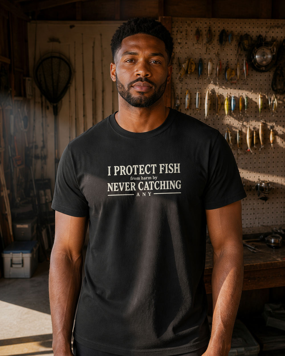 Protect Fish tee — black, worn, front