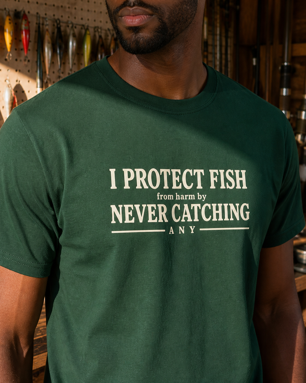 Protect Fish tee — forest, worn, side