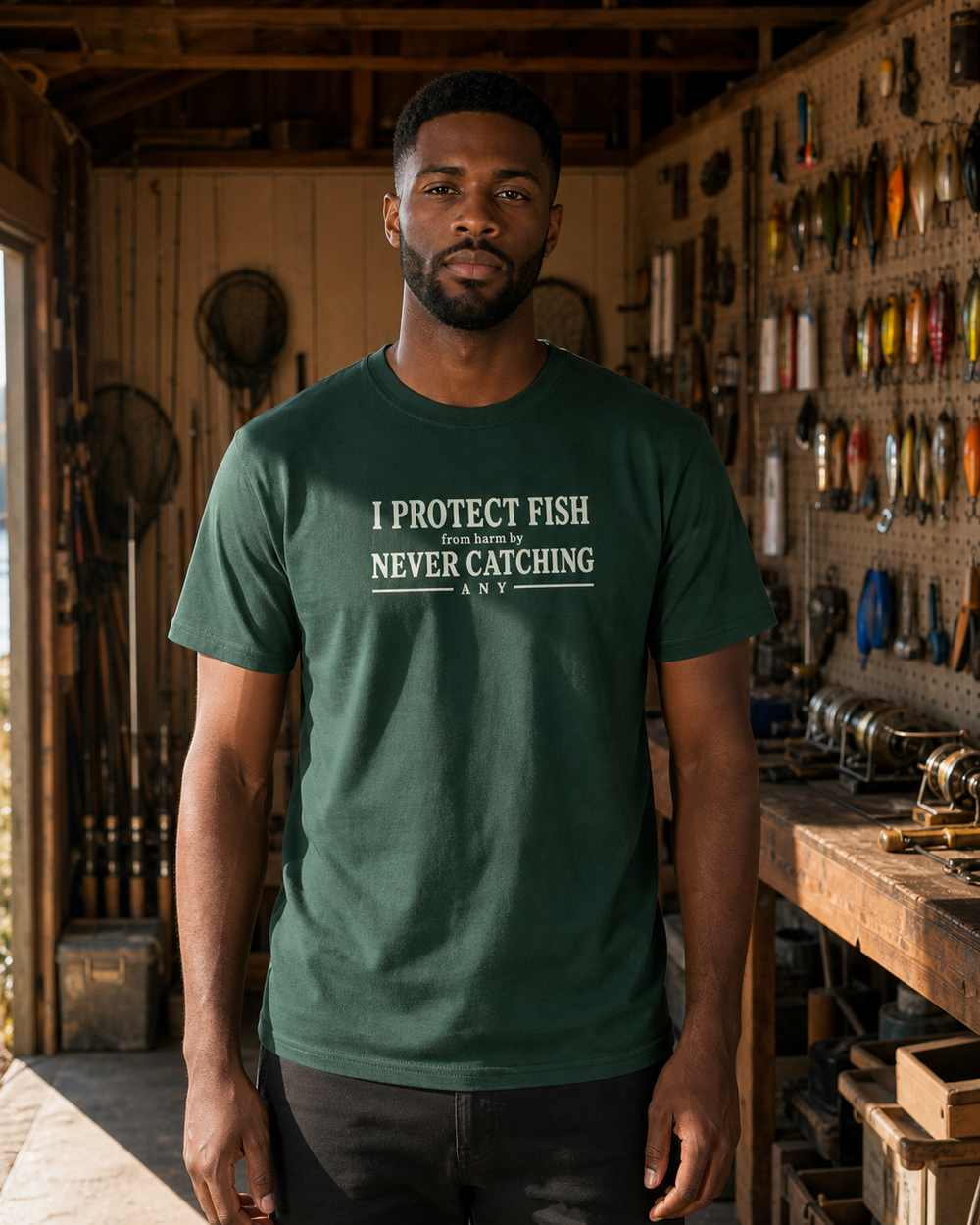 Protect Fish tee — forest, worn, front