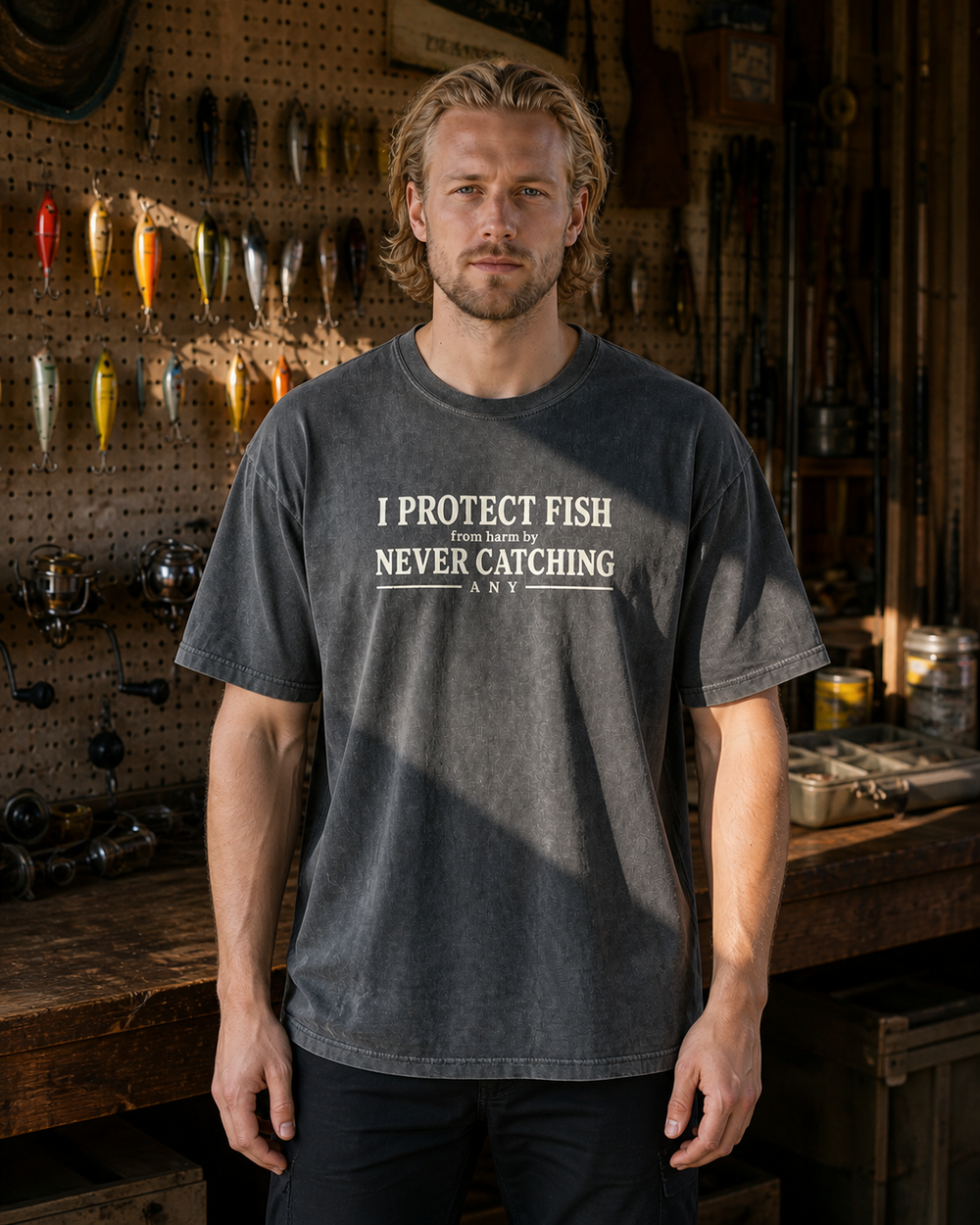 Protect Fish washed tee — washed black, worn, front
