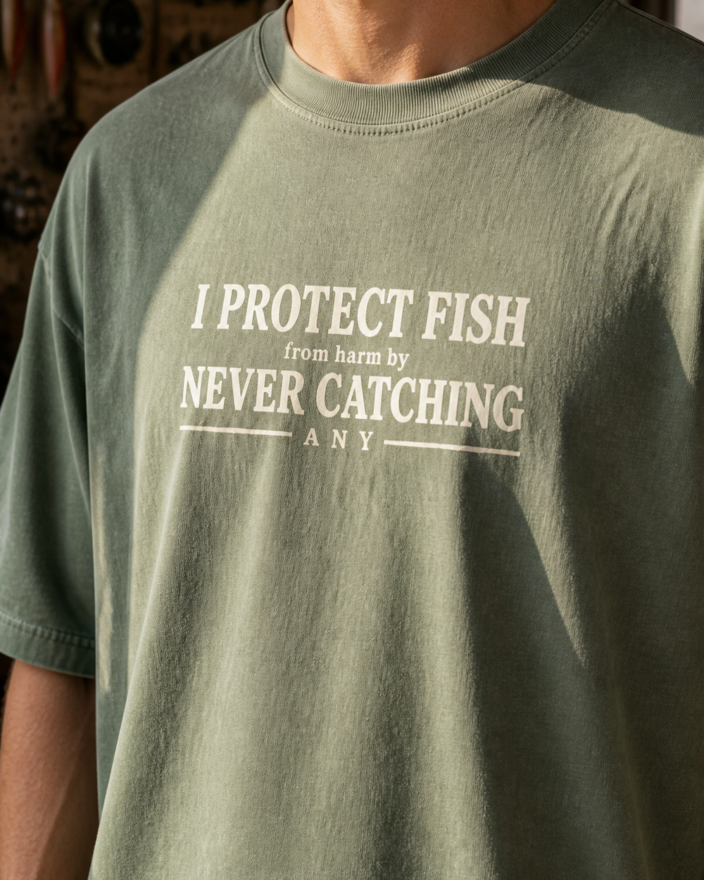 Protect Fish washed tee — washed sage, worn, side