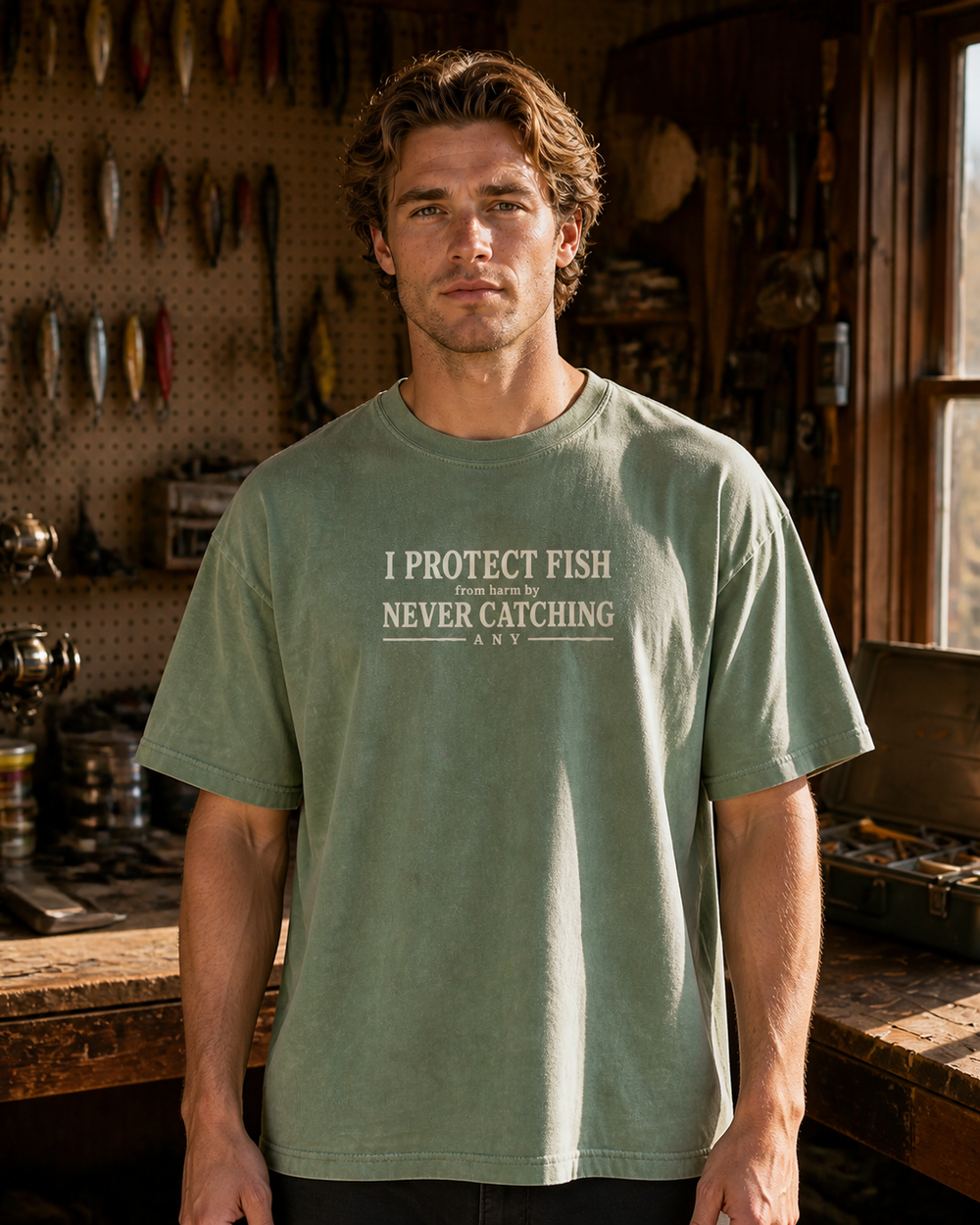 Protect Fish washed tee — washed sage, worn, front