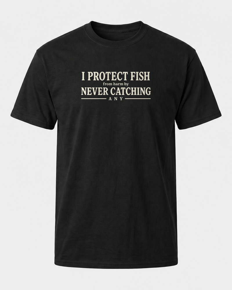 Protect Fish tee — black, front