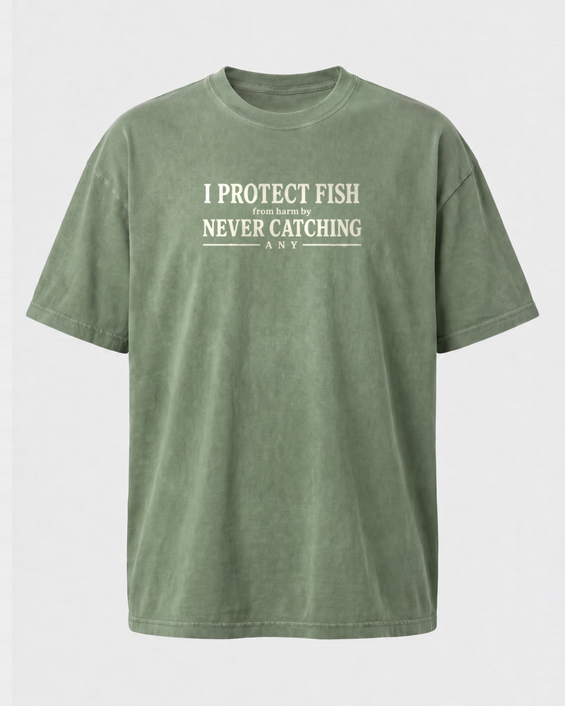 Protect Fish washed tee — washed sage, front