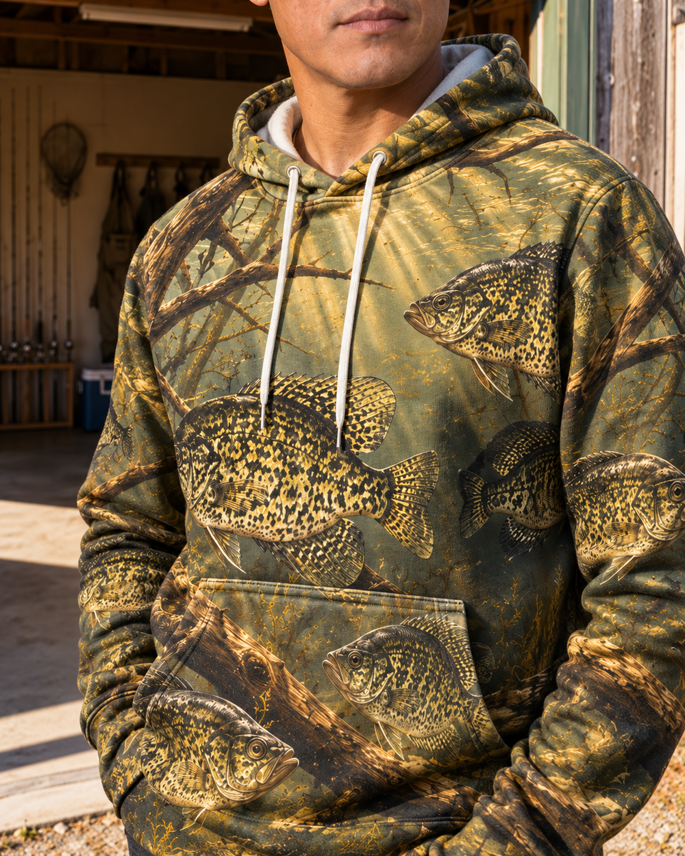 Crappie Country All-Over Print Hoodie — model back close-up