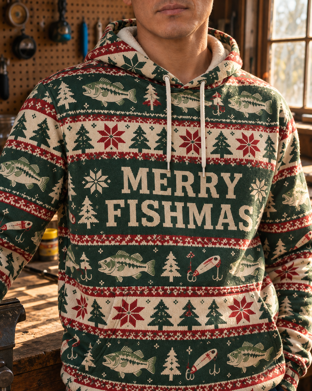 Merry Fishmas Knit-Look All-Over Print Hoodie — model back close-up