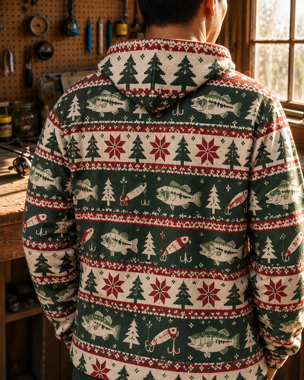 Merry Fishmas Knit-Look All-Over Print Hoodie — back close-up
