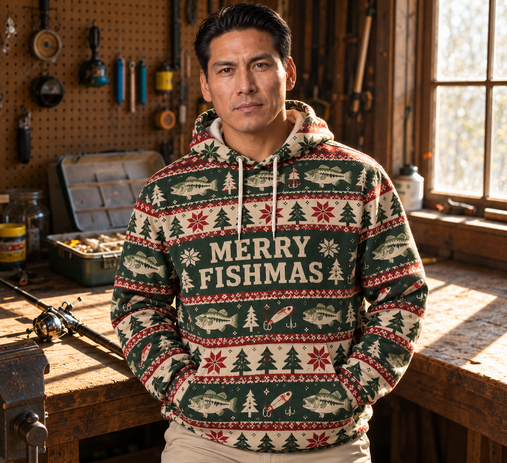 Merry Fishmas Knit-Look All-Over Print Hoodie — model front