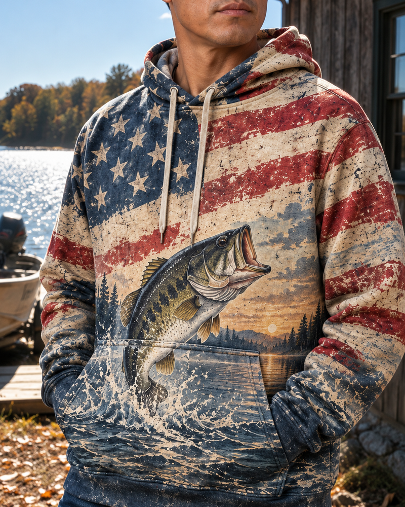 Faded Flag & Bass All-Over Print Hoodie — model back close-up