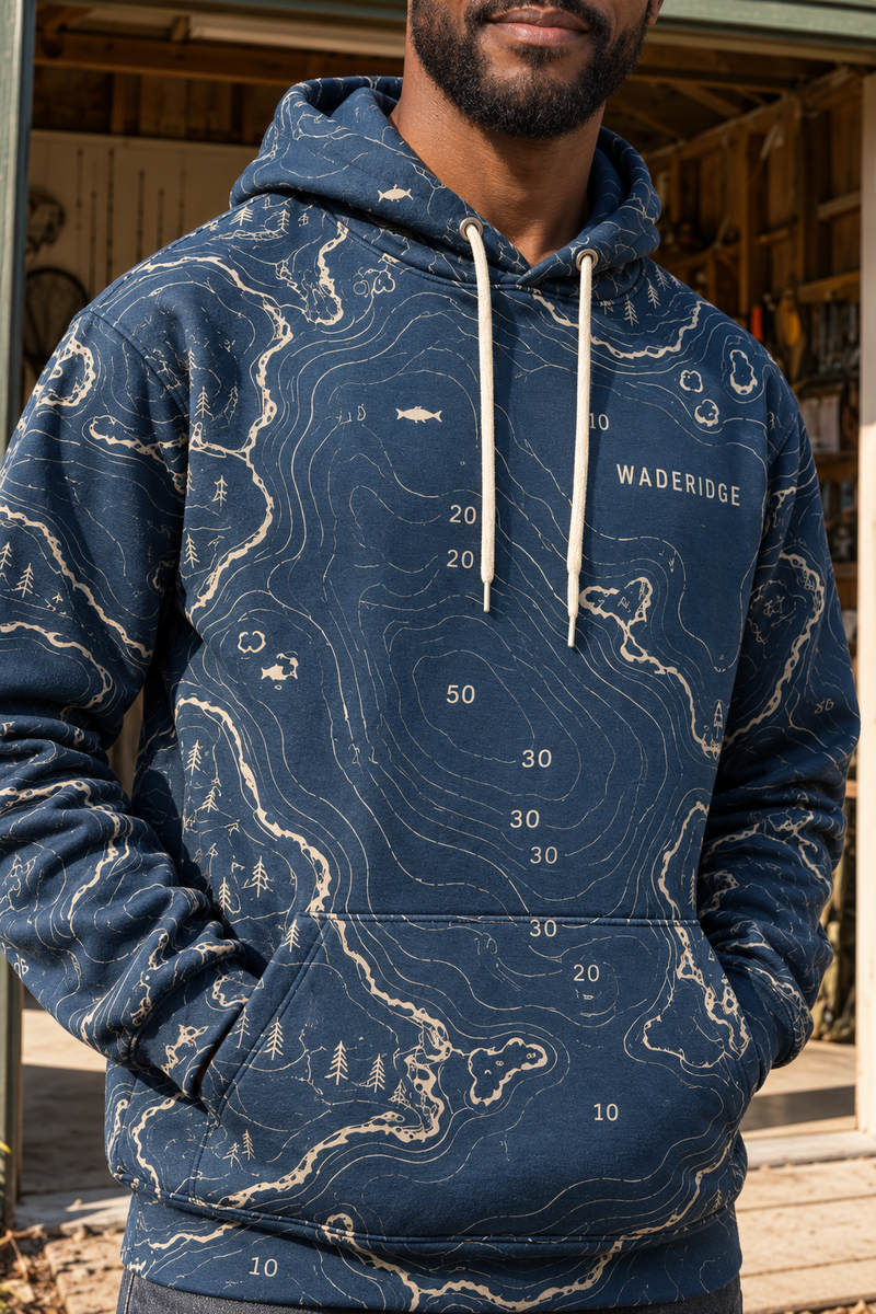Lake Depth Map All-Over Print Hoodie — model back close-up