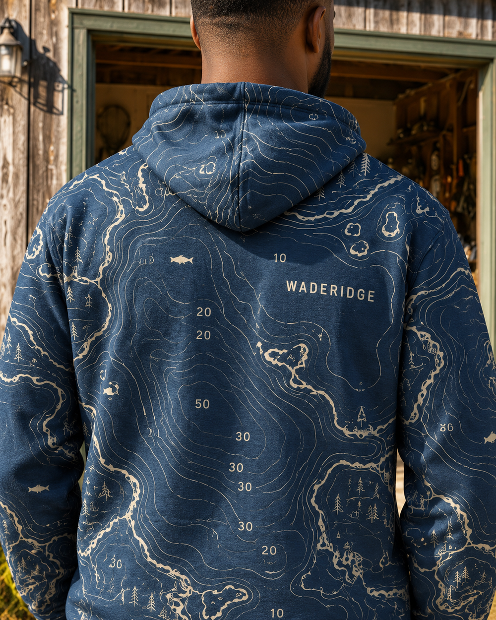 Lake Depth Map All-Over Print Hoodie — back close-up