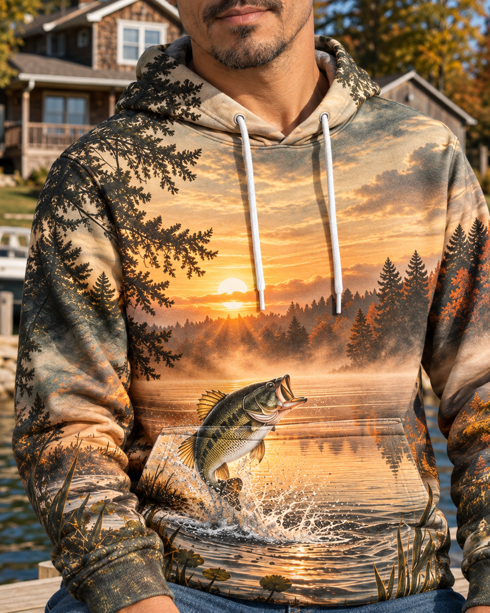 Lake To Treeline All-Over Print Hoodie — model back close-up
