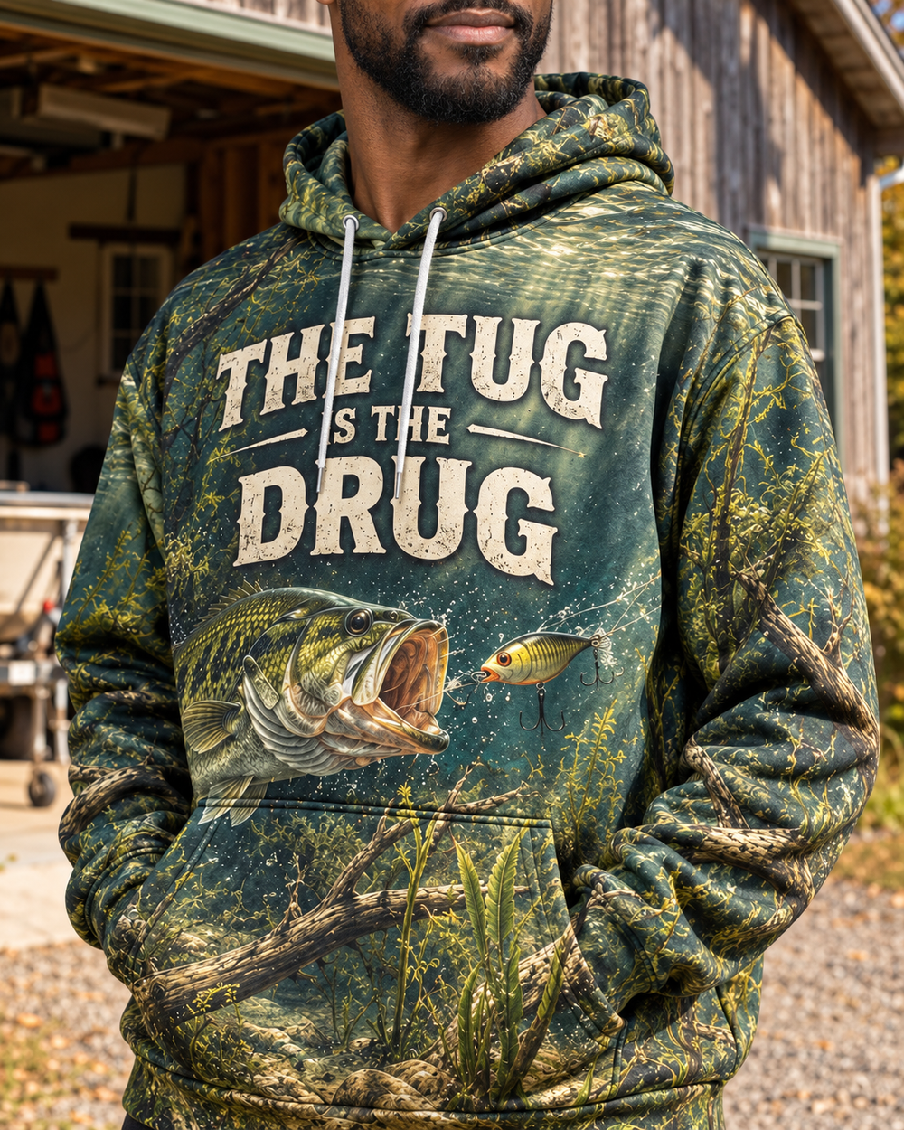 The Tug Is The Drug — Underwater Bass All-Over Print Hoodie — model back close-up