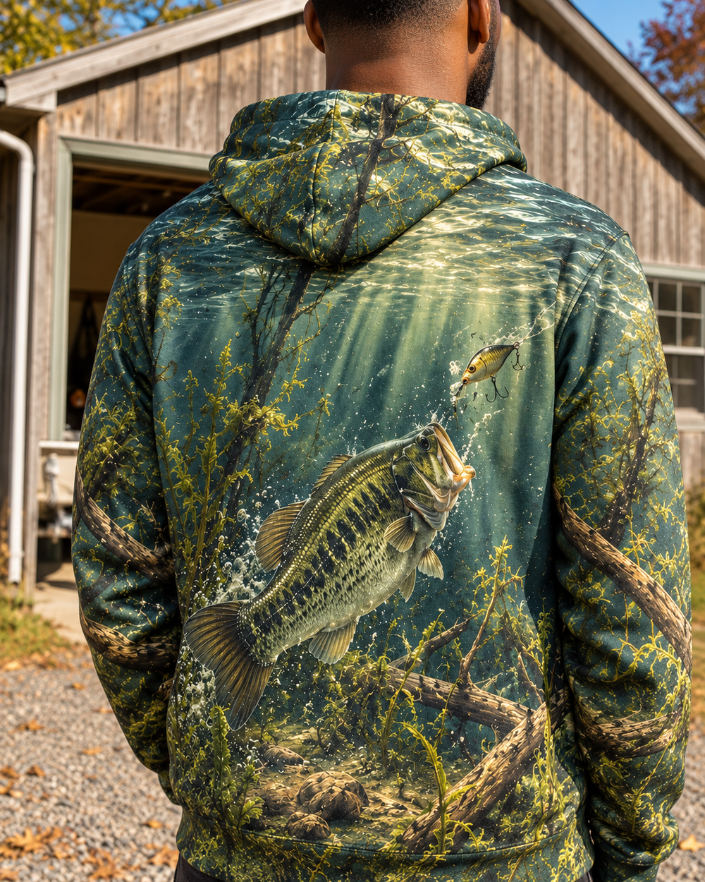 The Tug Is The Drug — Underwater Bass All-Over Print Hoodie — back close-up